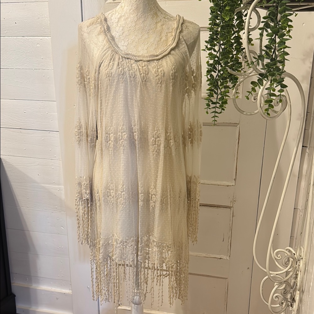 Womens Size Medium XCVI Ivory Crochet Lace Fringe Long Sleeve Mini Dress Boho